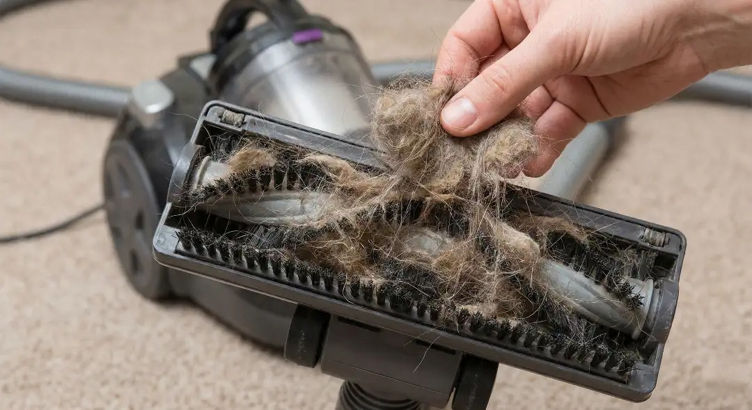 Vacuum cleaner turbo brush completely clogged with matted pet hair and dust during cleaning.