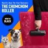 A hand using the black model of the ChomChom Roller to remove white pet hair from a pink velvet chair, with text announcing "Now in Black" and excited pets in the background