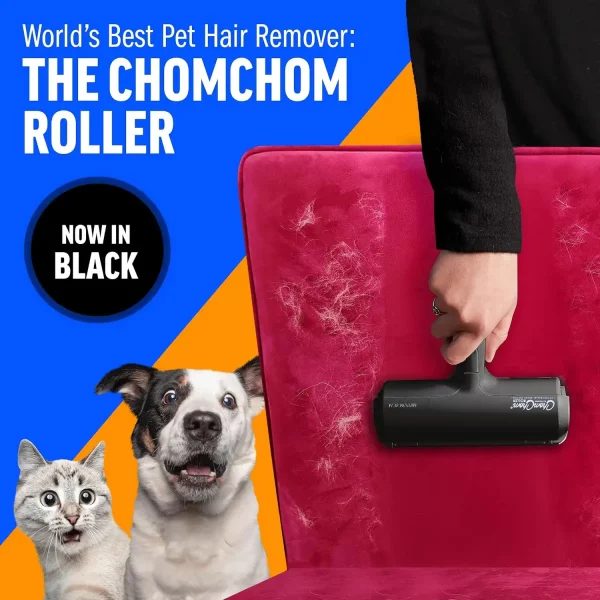 A hand using the black model of the ChomChom Roller to remove white pet hair from a pink velvet chair, with text announcing "Now in Black" and excited pets in the background