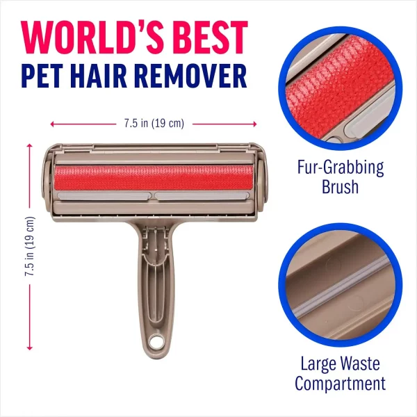 Technical diagram displaying the 7.5-inch (19 cm) width of the device, with detailed zooms on the red fur-grabbing brush material and the large waste compartment.