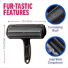 An infographic detailing the features of the ChomChom pet hair roller, showing its 7.5-inch width, the texture of the fur-grabbing brush, and the large internal waste compartment for collecting hair