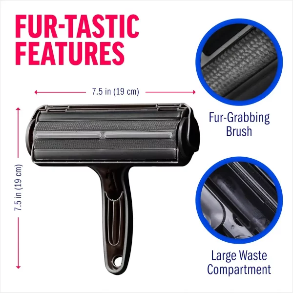 An infographic detailing the features of the ChomChom pet hair roller, showing its 7.5-inch width, the texture of the fur-grabbing brush, and the large internal waste compartment for collecting hair