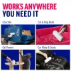 Collage showing ChomChom roller versatility: cleaning blue velvet couches, red dog beds, cat towers, and car mats & seats.