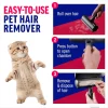A three-step guide on using the remover: first roll over the hair, then press the button to open the catch chamber, and finally remove the collected fur for disposal