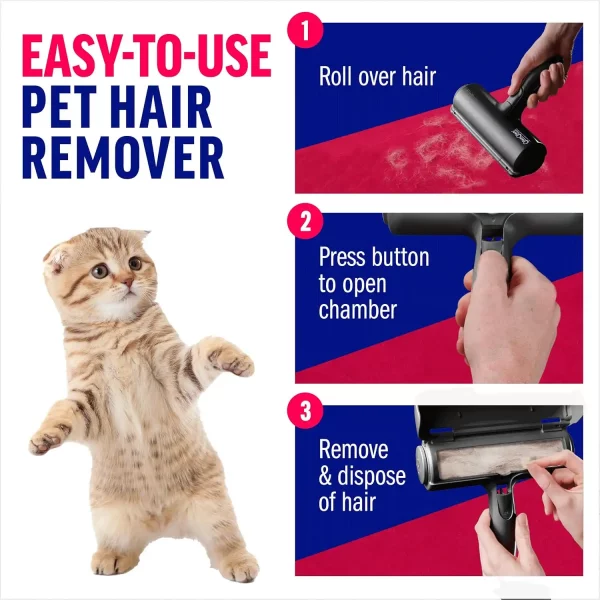 A three-step guide on using the remover: first roll over the hair, then press the button to open the catch chamber, and finally remove the collected fur for disposal