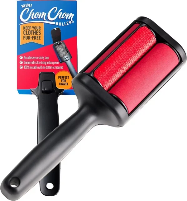 The Mini ChomChom Roller displayed upright next to its blue and orange retail packaging box