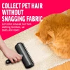 A collage showing the roller working on four different surfaces: a blue velvet couch, a red dog bed, a cat scratching tower, and a black car seat