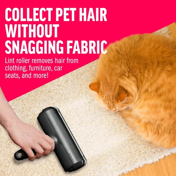A collage showing the roller working on four different surfaces: a blue velvet couch, a red dog bed, a cat scratching tower, and a black car seat