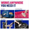 Grid display showing the roller cleaning four different surfaces: a blue velvet couch, a pink pet bed, a carpeted cat tower, and a black car seat