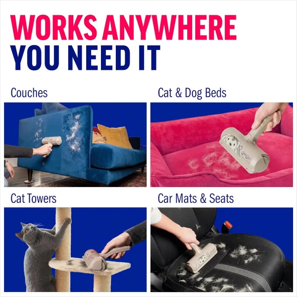 Grid display showing the roller cleaning four different surfaces: a blue velvet couch, a pink pet bed, a carpeted cat tower, and a black car seat