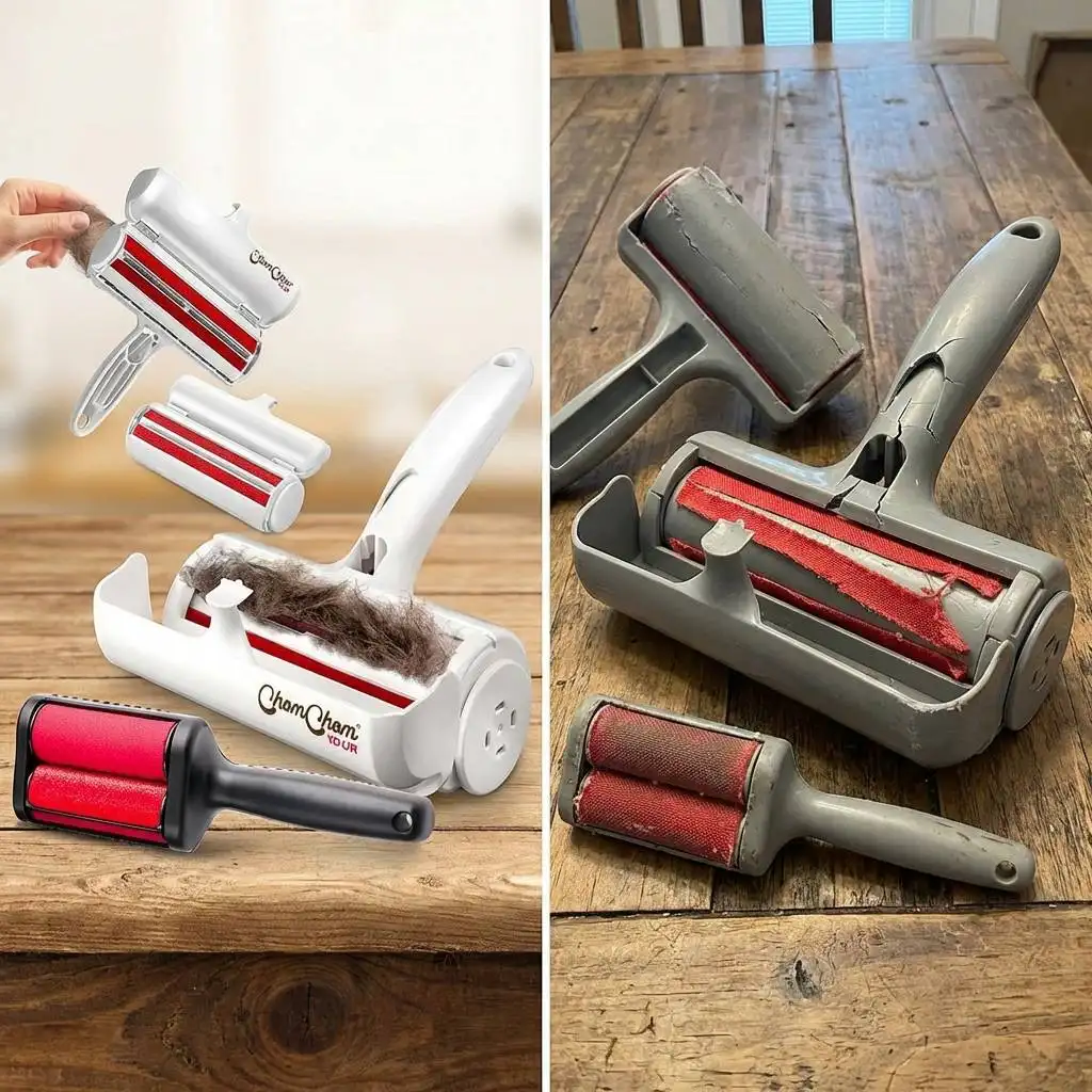 Side-by-side comparison of a pristine white ChomChom roller and a cracked, dull grey knockoff with peeling red fabric on a wooden table. Side-by-side comparison of a pristine white ChomChom roller and a cracked, dull grey knockoff with peeling red fabric on a wooden table.