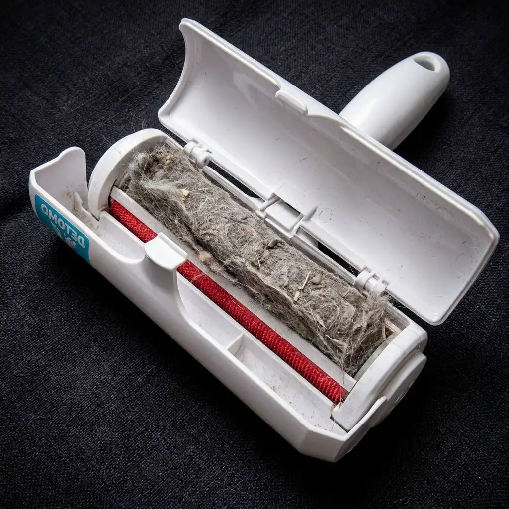 Open waste compartment of a pet hair remover tool revealing a dense brick of gray pet hair and dust against a dark fabric background. Open waste compartment of a pet hair remover tool revealing a dense brick of gray pet hair and dust against a dark fabric background.
