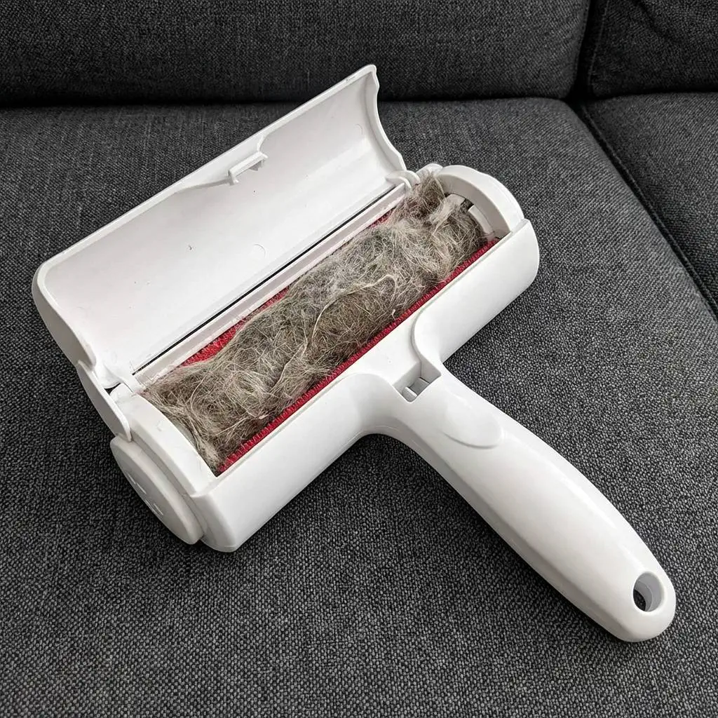 A thick, felt-like brick of grey dog fur trapped inside an open vacuum waste compartment on a dark grey fabric sofa. A thick, felt-like brick of grey dog fur trapped inside an open vacuum waste compartment on a dark grey fabric sofa.
