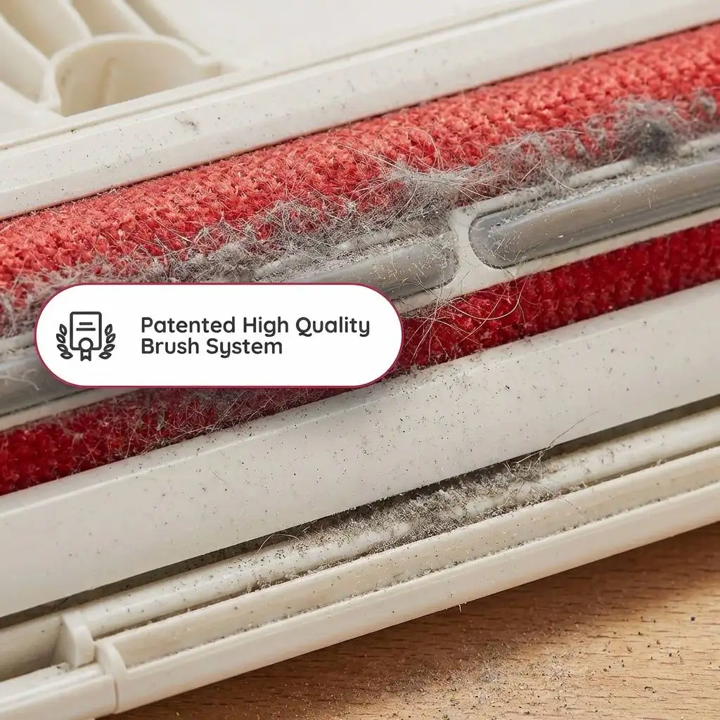 Fine grey dust and dander clog the red velvet strips of a tool resting on a workbench. Fine grey dust and dander clog the red velvet strips of a tool resting on a workbench.